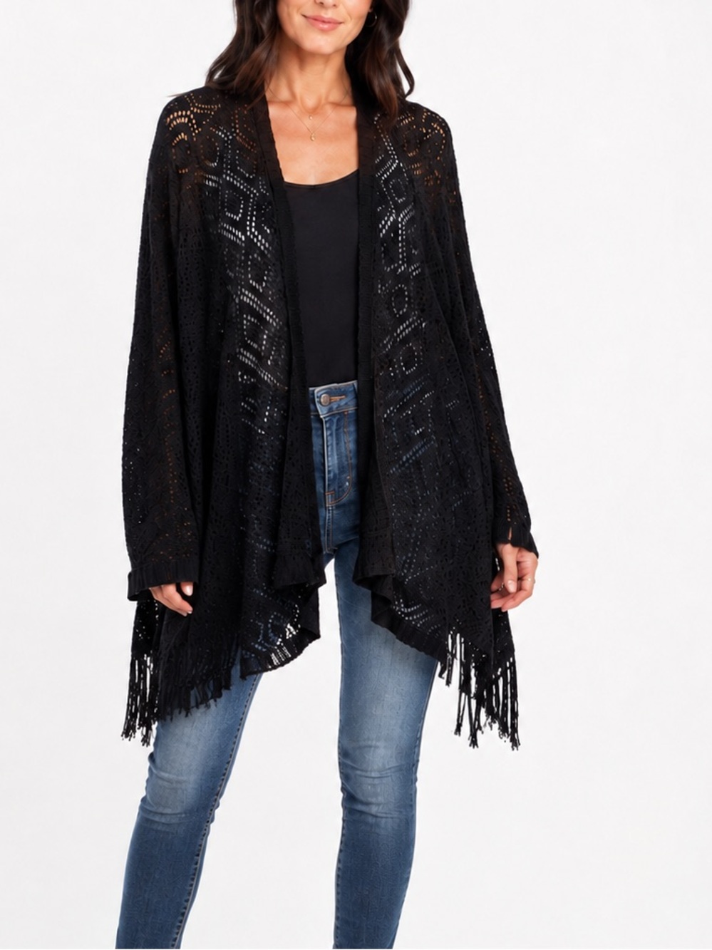 NWT POL Black Crochet Fringe Cardigan oversized relaxed fit fall neutral